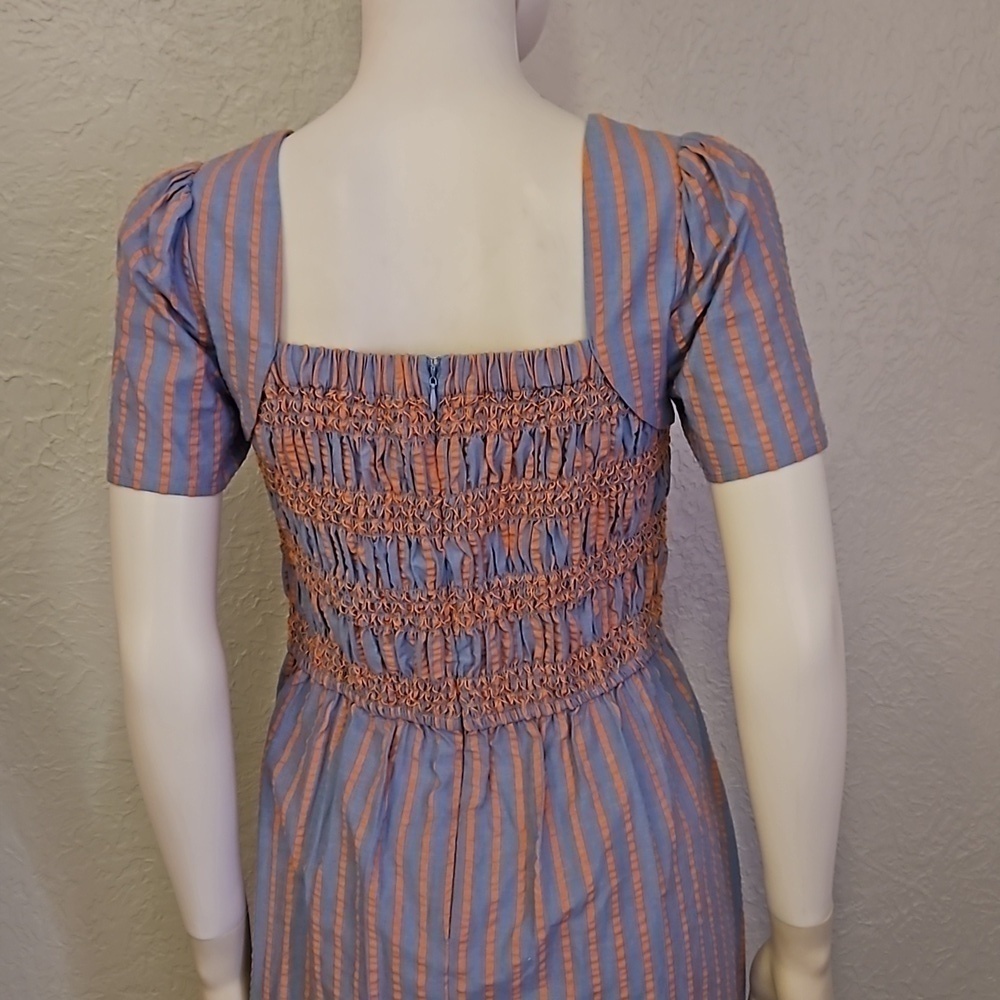 TAHARI Cotton Striped Smocked Ruffle Seersucker Midi Doll Dress - Picture 7 of 11